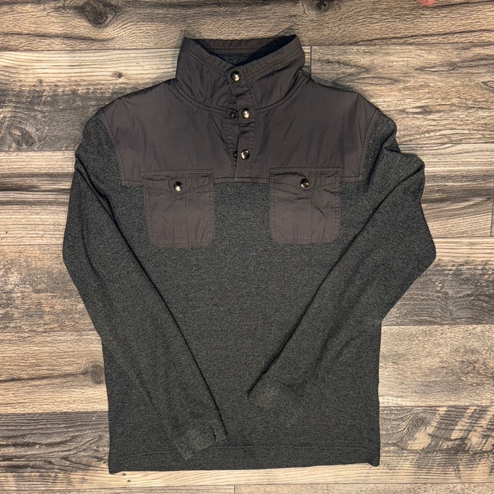 Charcoal Turtleneck Sweater with Quarter-Zip and Contrasting Yoke
